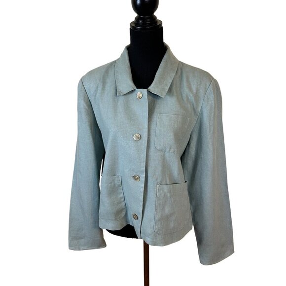 CW by Willis Womens Sea Green Linen Blazer Jacket Pockets Lagenlook 1X - Picture 1 of 9